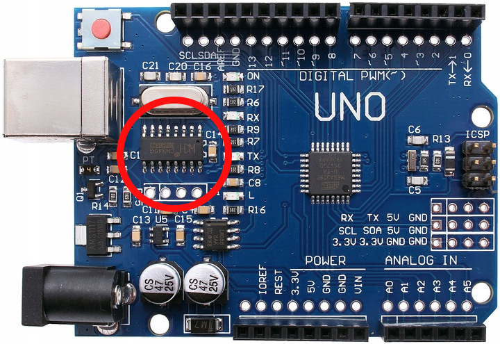 CH340G interface converter on Arduino UNO board